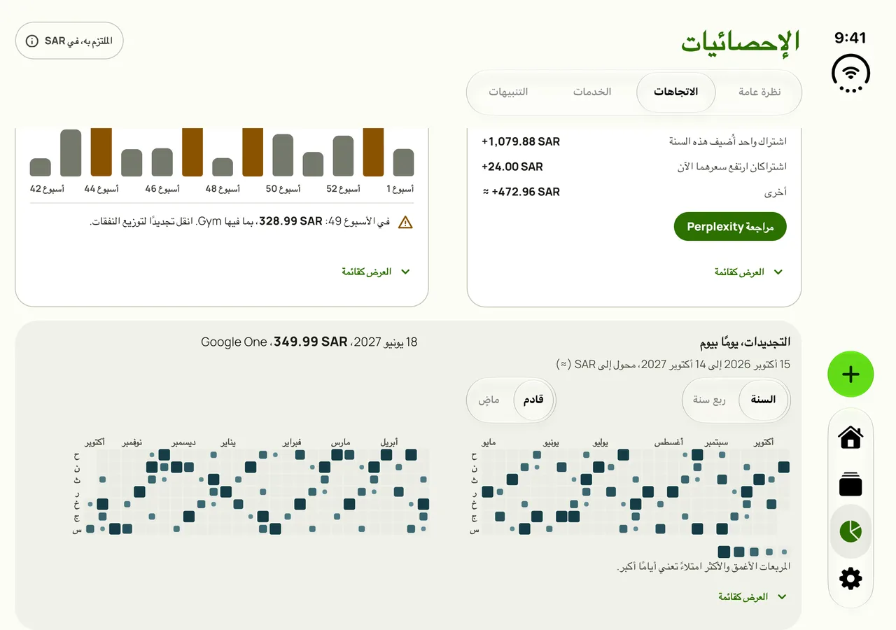 إحصائيات Subby على iPhone Duo مفتوحًا، وتقويم التجديدات ممتد عبر اللوحتين والطيّ واقع بين أبريل ومايو