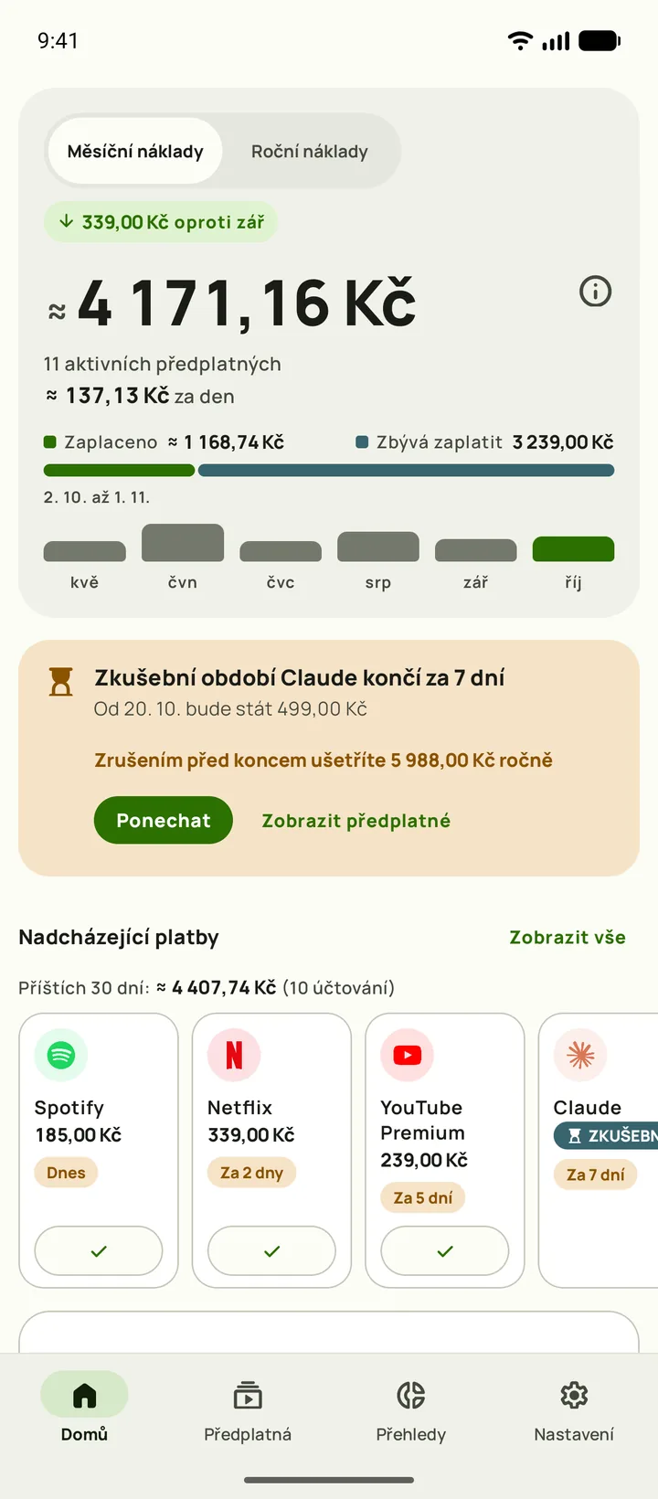 Obrazovka Domů v Subby na Androidu s měsíčním součtem, částkou za den, zaplaceno a zbývá zaplatit, kartou zkušebního období a nadcházejícími platbami