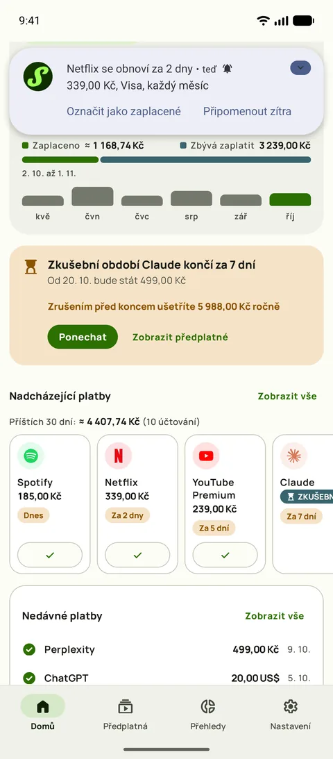 Připomenutí Subby na Androidu: Netflix se obnoví za 2 dny, platba kartou Visa, každý měsíc, s tlačítky Označit jako zaplacené a Připomenout zítra