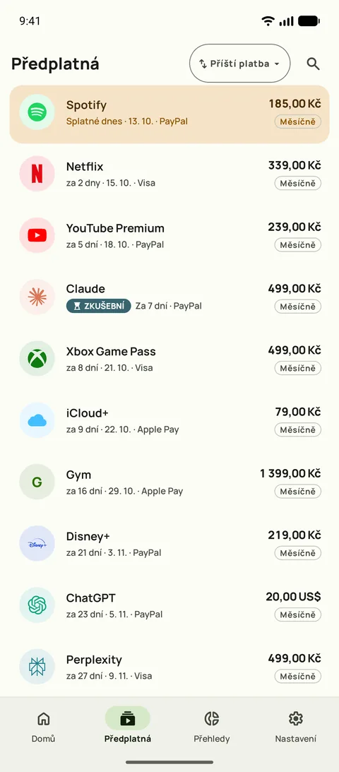 Záložka Předplatná v Subby na Androidu, seřazená podle příští platby: Spotify splatné dnes, pak Netflix, YouTube Premium a zkušební období, každé s cenou a obdobím