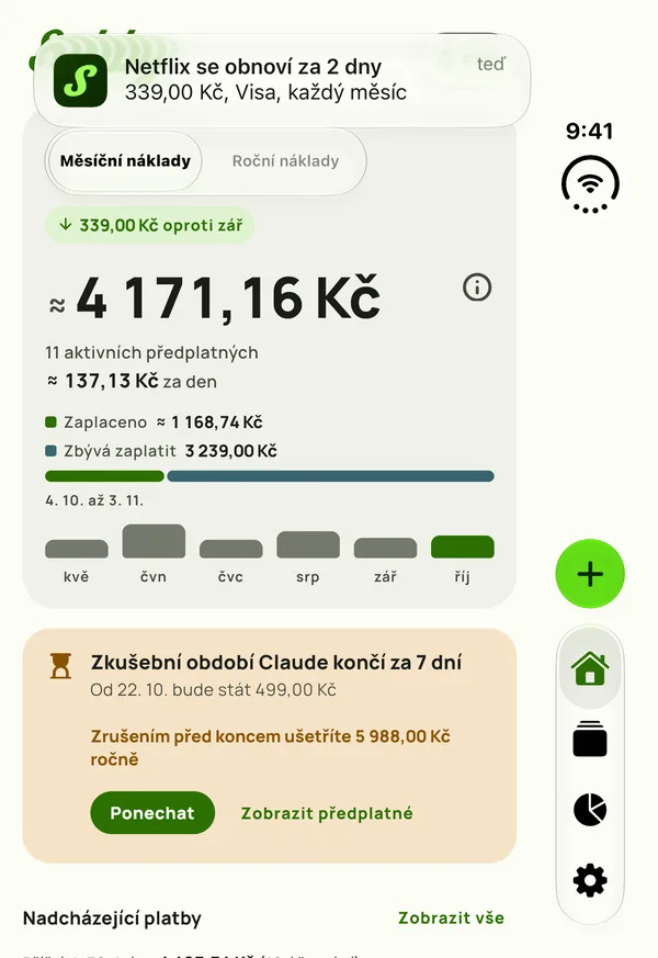 Připomenutí Subby na vnějším panelu zavřeného iPhone Duo: Netflix se obnoví za 2 dny, platba kartou Visa, každý měsíc