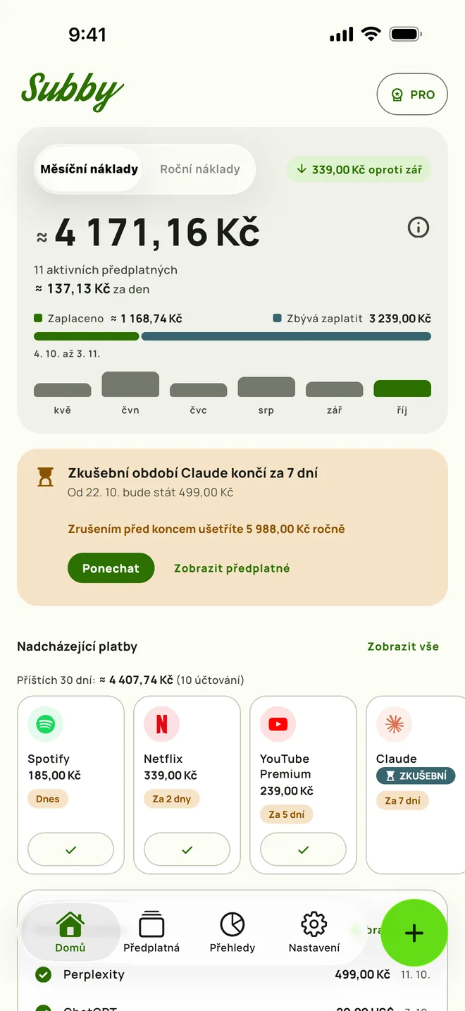 Obrazovka Domů v Subby na iPhonu