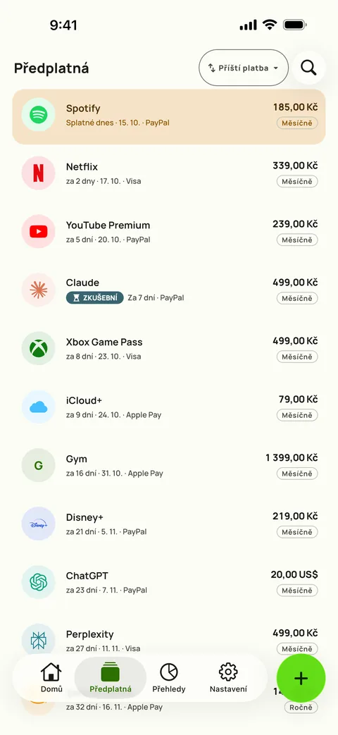 Záložka Předplatné v Subby, seřazená podle nejbližší platby, u každého předplatného cena, karta a fakturační cyklus, iPhone