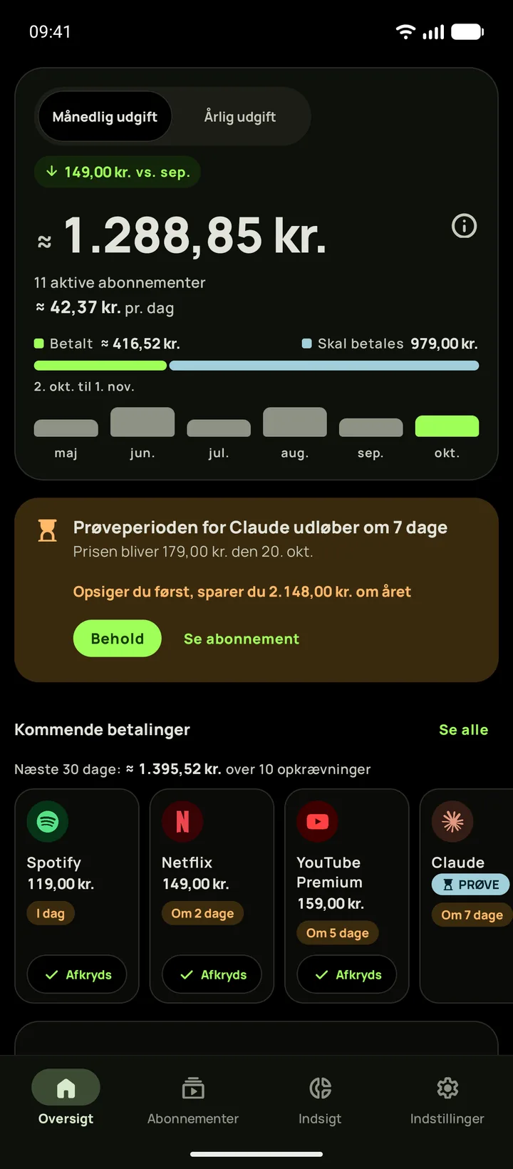Subbys Oversigt på Android i det helsorte tema med denne måneds total på 165,35, et prøveperiodekort og de næste betalinger