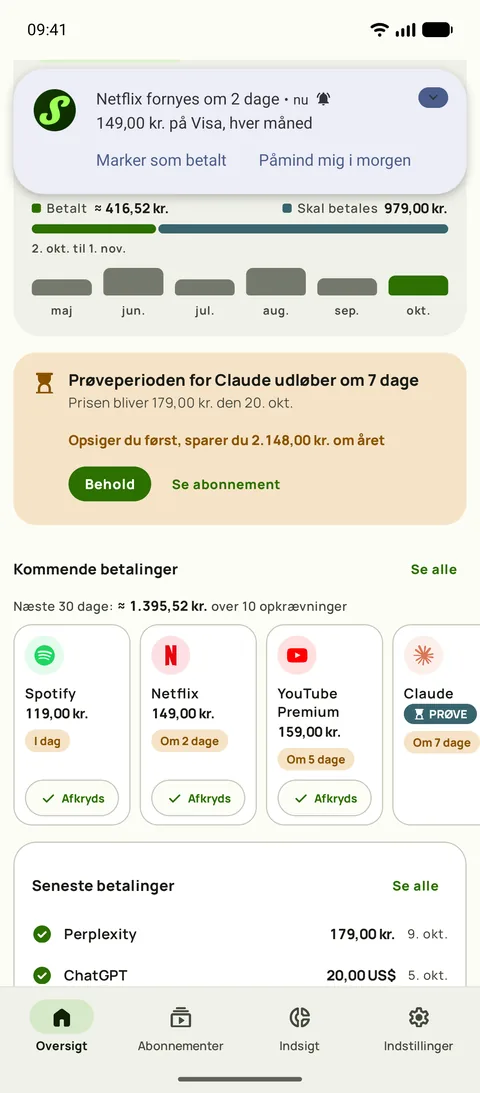 Et praj fra Subby på Android: Netflix fornyes om 2 dage, 15,49 på Visa, hver måned, med Marker som betalt og Påmind i morgen