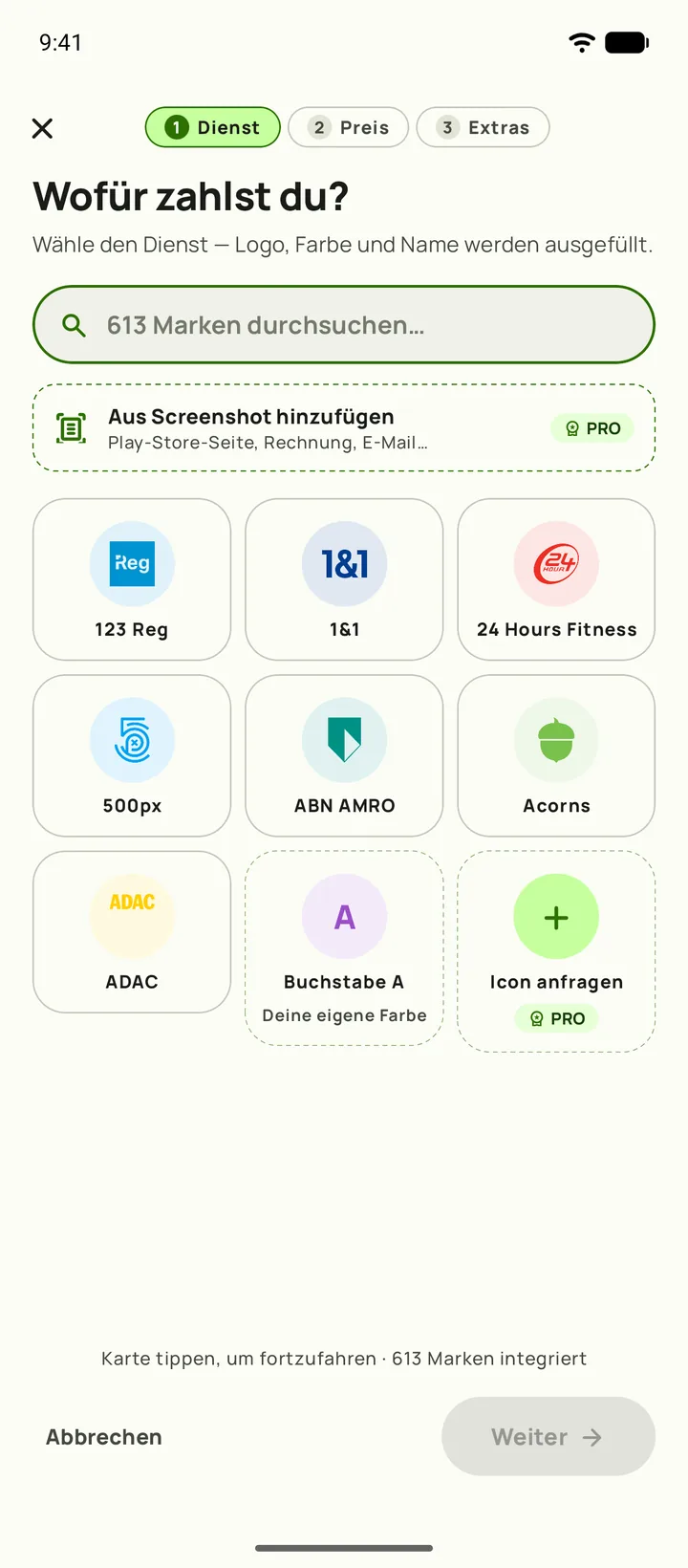 Ein Abo in Subby hinzufügen. Schritt eins, den Dienst wählen