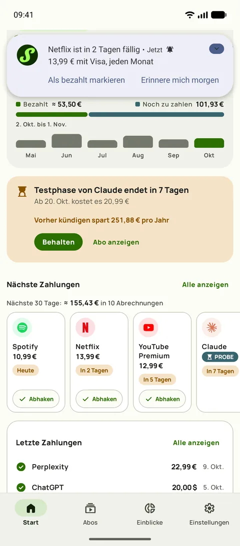Eine Subby-Erinnerung auf Android: Netflix verlängert sich in 2 Tagen, 15,49 auf Visa, jeden Monat, mit Als bezahlt markieren und Morgen erinnern