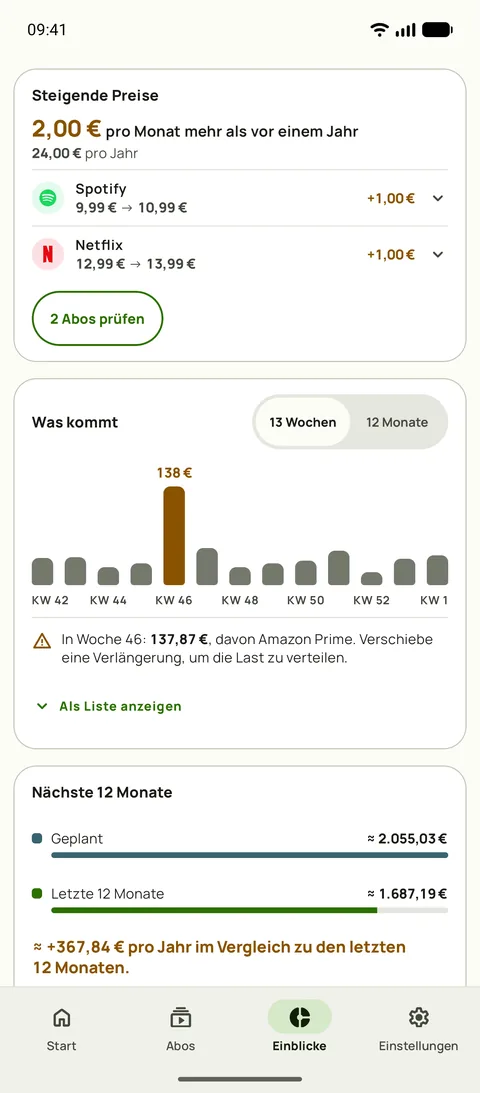 Die Karte Steigende Preise in Subby Einblicke: wie viel mehr pro Monat dieselben Dienste im Vergleich zu vor einem Jahr kosten, Spotify und Netflix jeweils mit altem und neuem Preis, und ein Button zum Prüfen über der 13-Wochen-Prognose, auf Android