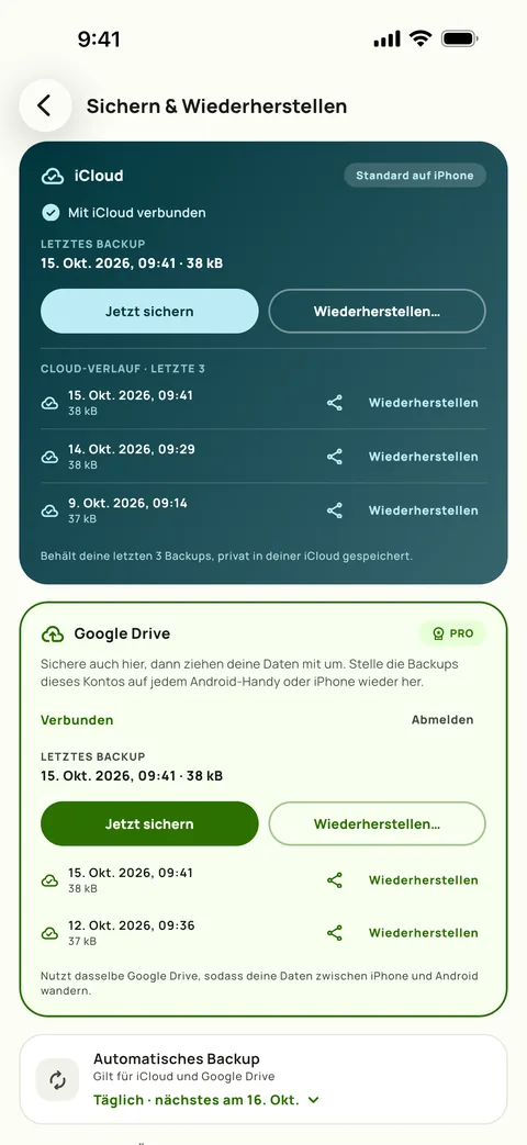 Sicherung und Wiederherstellung in Subby auf dem iPhone: iCloud und Google Drive verbunden, die letzten drei iCloud-Sicherungen aufgelistet, automatisches Backup auf täglich gestellt