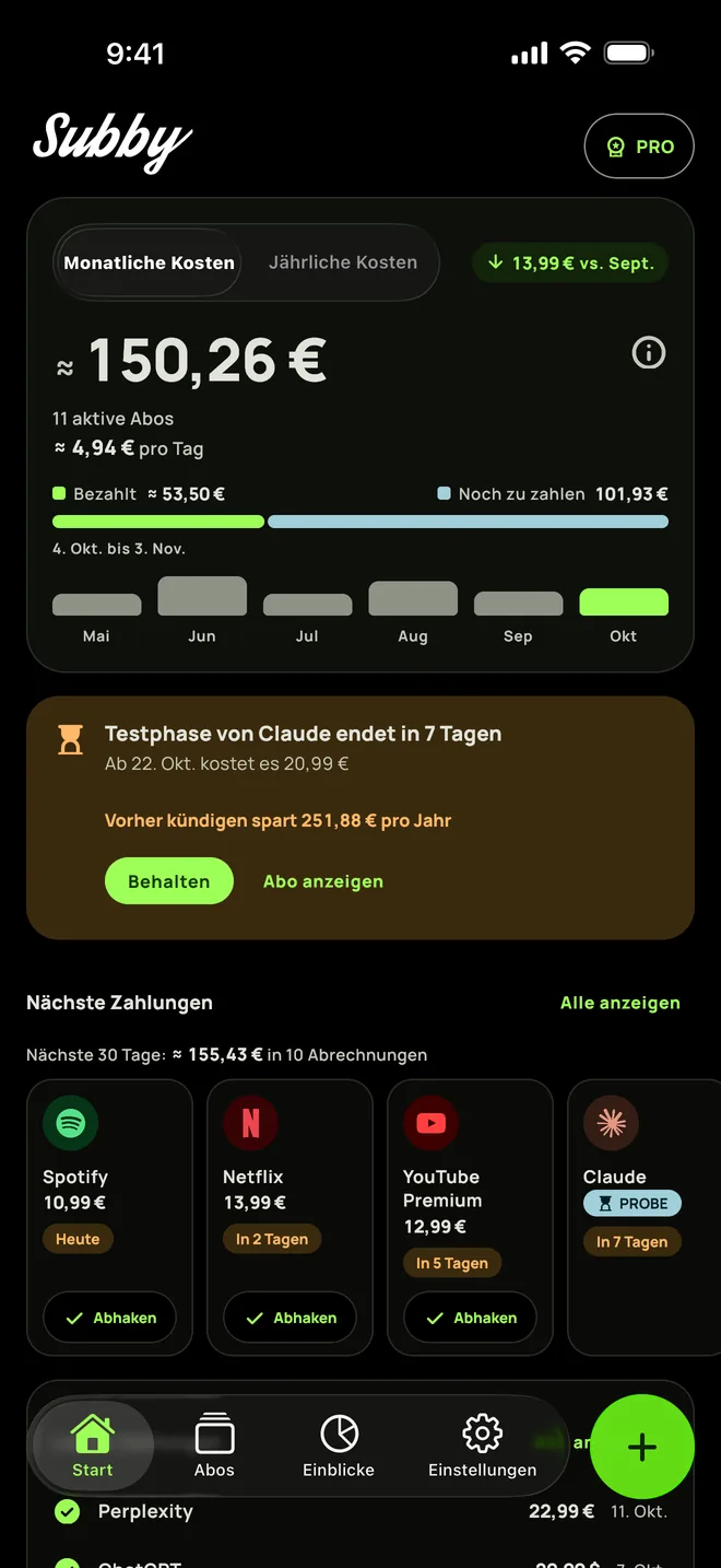 Subby Start auf dem iPhone im Dark Mode: Summe dieses Monats 165,35, 5,44 pro Tag, bezahlt und noch zu zahlen, eine Karte für eine Testphase und die nächsten Zahlungen