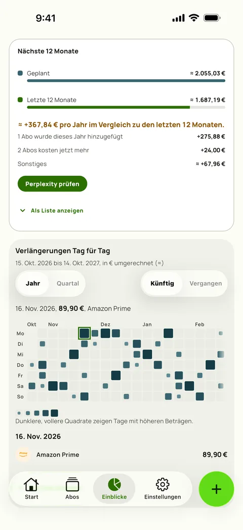 Nächste 12 Monate in Subby Einblicke: das geplante Jahr im Vergleich zu den letzten 12 Monaten, mit den neu hinzugekommenen Abos und den Preiserhöhungen, die den Unterschied erklären, über dem Kalender der Verlängerungen, auf iPhone