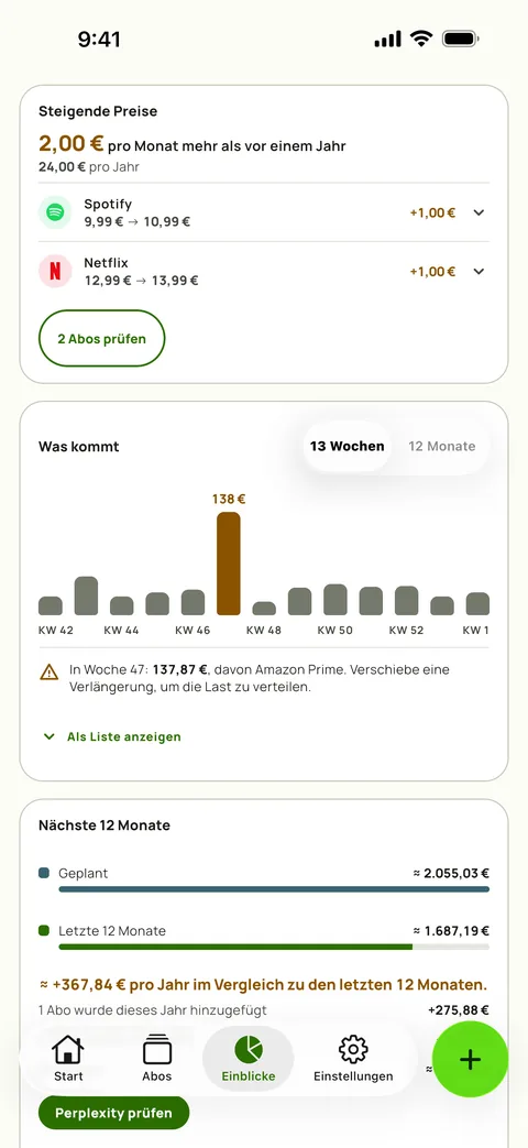 Die Karte Steigende Preise in Subby Einblicke: wie viel mehr pro Monat dieselben Dienste im Vergleich zu vor einem Jahr kosten, Spotify und Netflix jeweils mit altem und neuem Preis, und ein Button zum Prüfen über der 13-Wochen-Prognose, auf iPhone