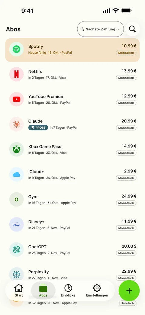 Der Tab „Abos“ in Subby, nach der nächsten Zahlung sortiert, jedes Abo mit Preis, Karte und Abrechnungszyklus, auf iPhone