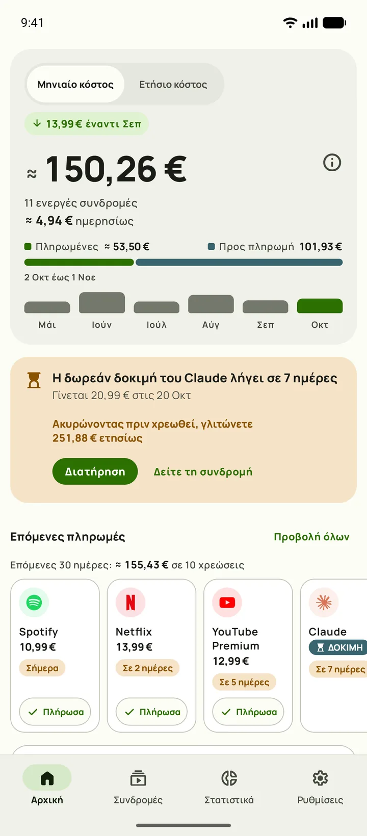 Η Αρχική του Subby στο Android, με το σύνολο του μήνα 165,35 $, 5,44 $ την ημέρα, τα πληρωμένα και τα προς πληρωμή, μια κάρτα δοκιμής και τις επόμενες πληρωμές