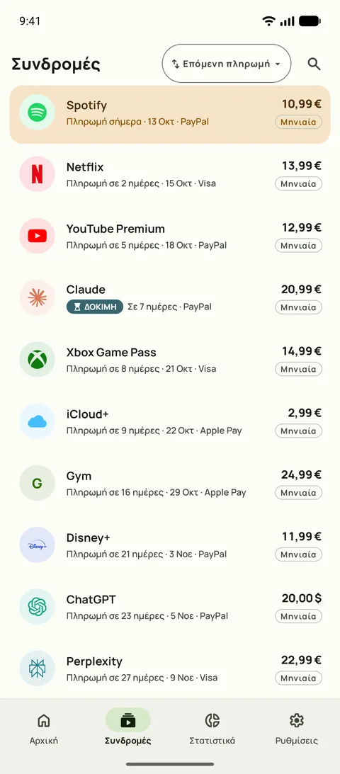 Η καρτέλα Συνδρομές του Subby στο Android, ταξινομημένη ανά επόμενη πληρωμή: πρώτα το Spotify που χρεώνεται σήμερα, μετά το Netflix, το YouTube Premium και μια δωρεάν δοκιμή, με την τιμή και τον κύκλο της καθεμιάς