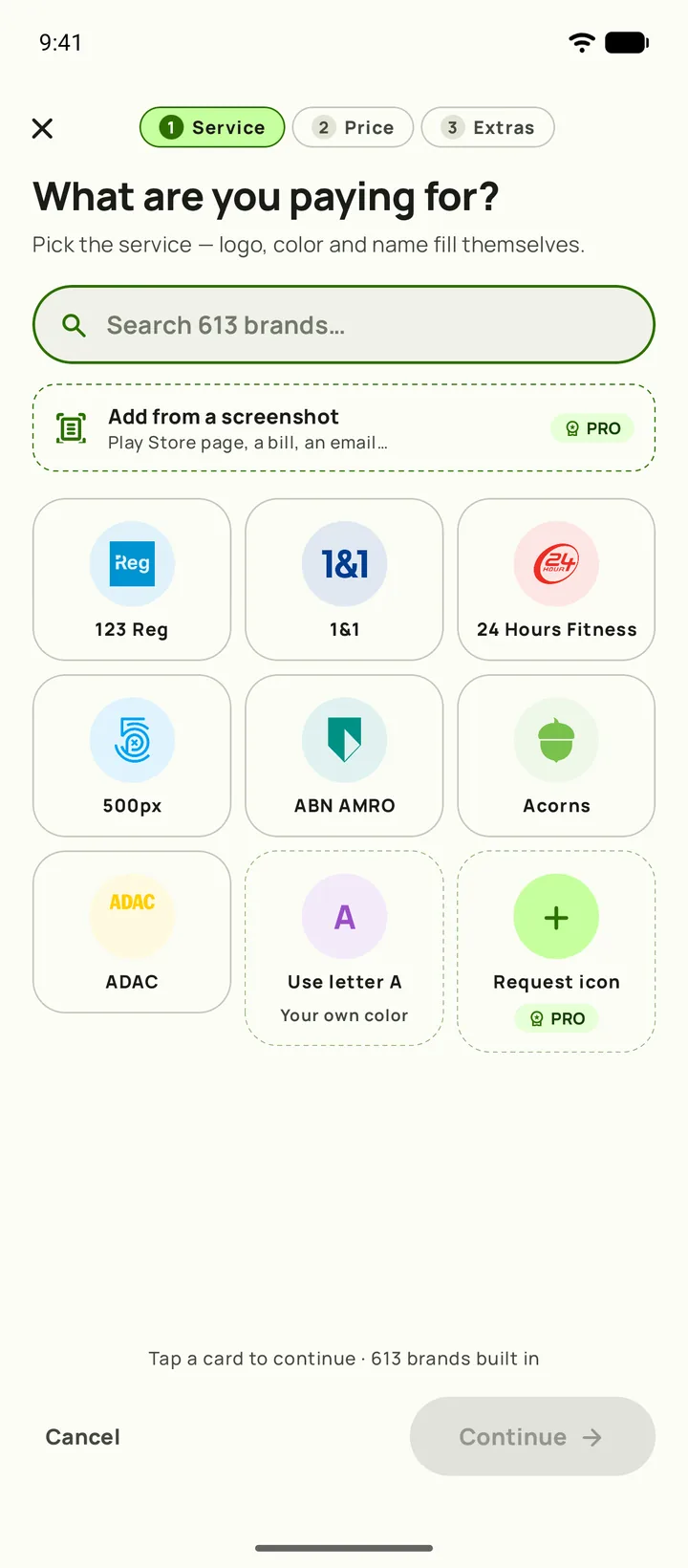 Adding a subscription in Subby — step one, pick the service