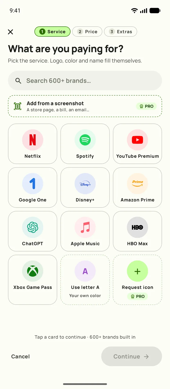 Adding a subscription in Subby. Step one, pick the service, on Android