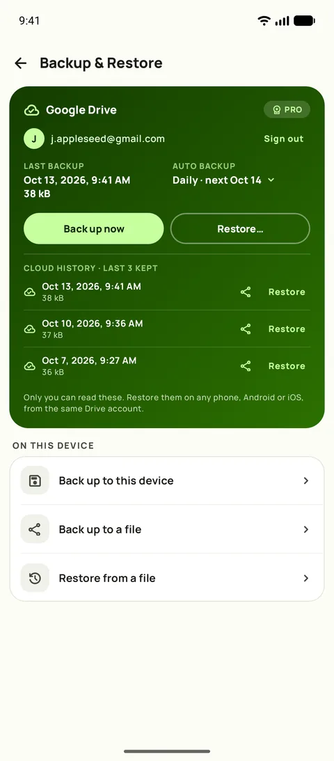 Backup and Restore in Subby on Android, with Google Drive connected, automatic backup set to daily, and the last three backups kept