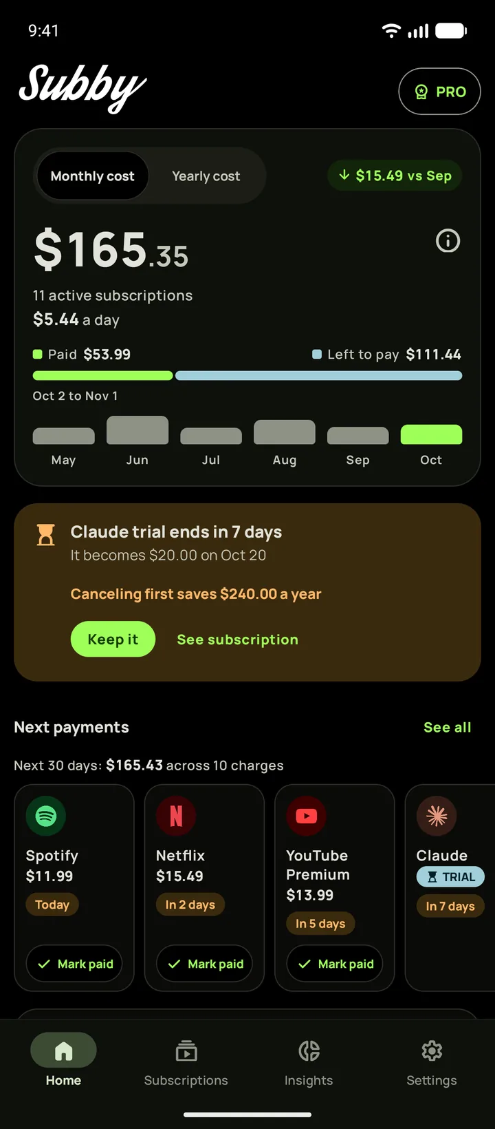 Subby's Home on Android in the true black theme, with this month's total of $165.35, a trial card and the next payments