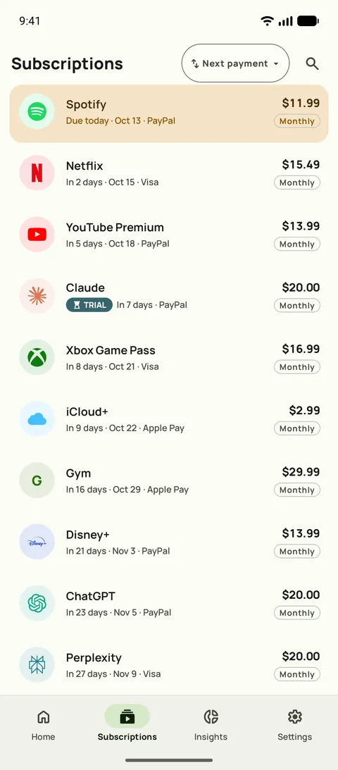 The Subscriptions tab of Subby on Android, sorted by next payment: Spotify due today, then Netflix, YouTube Premium and a free trial, each with its price and cycle