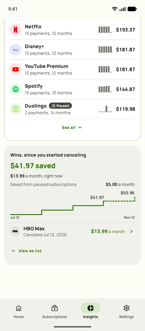 Lifetime spend per service in Subby Insights, each service with its payments, months and total, above the Wins card with the amount saved since the first cancellation, the monthly saving now, the saving from a paused subscription and a step chart of the total, on Android