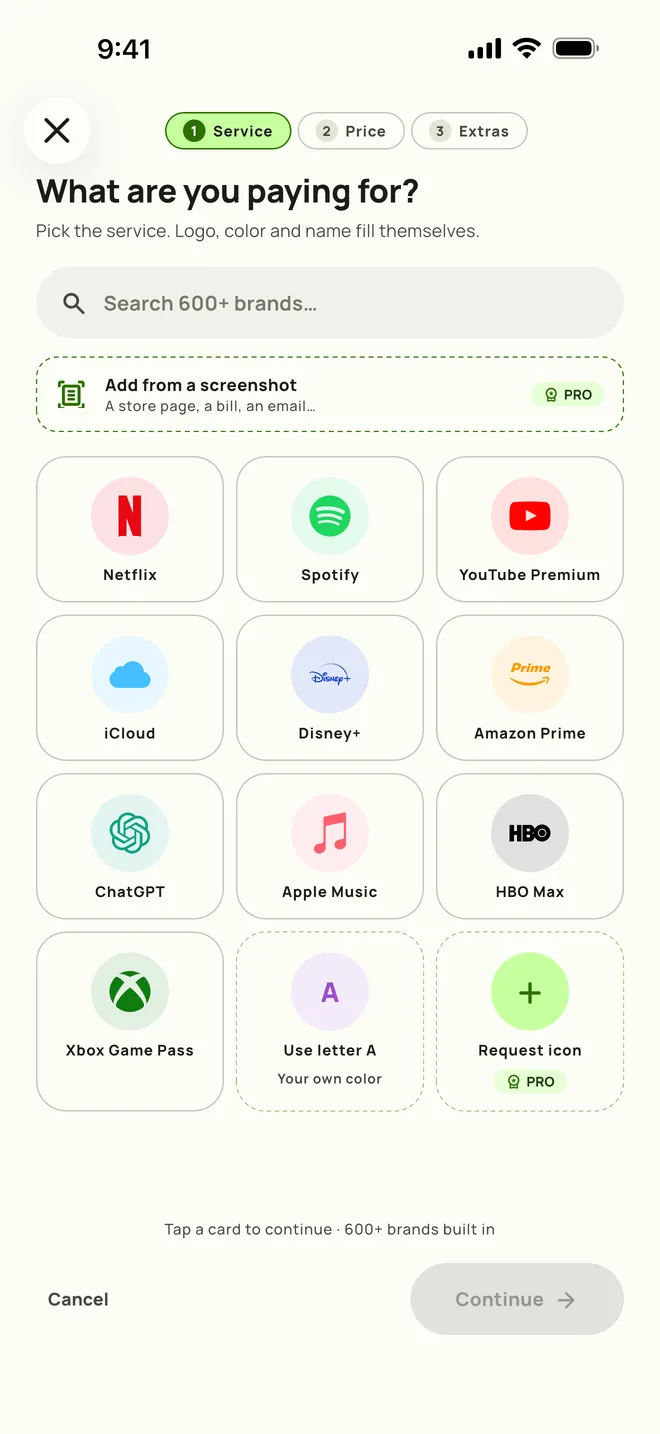 Adding a subscription in Subby. Step one, pick the service, on iPhone