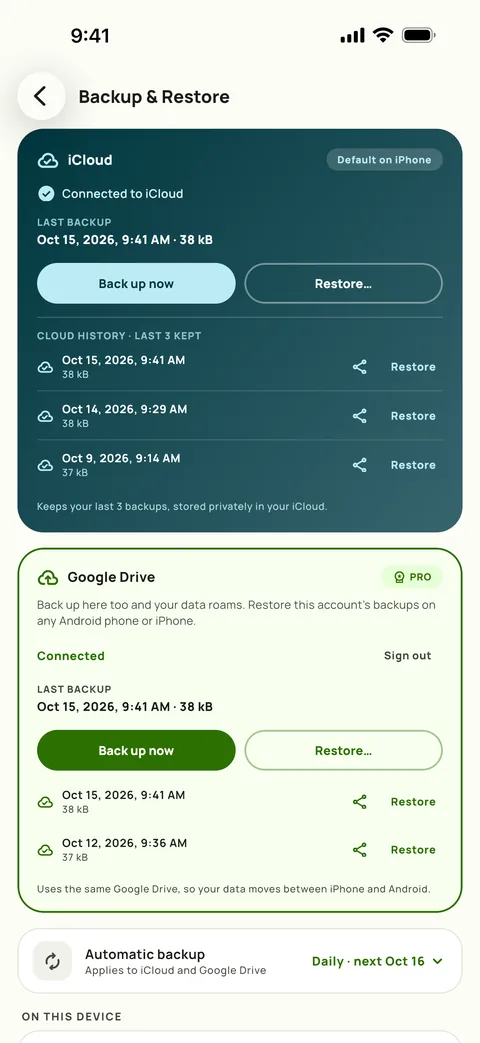 Backup and restore, with the schedule and the last three backups, on iPhone