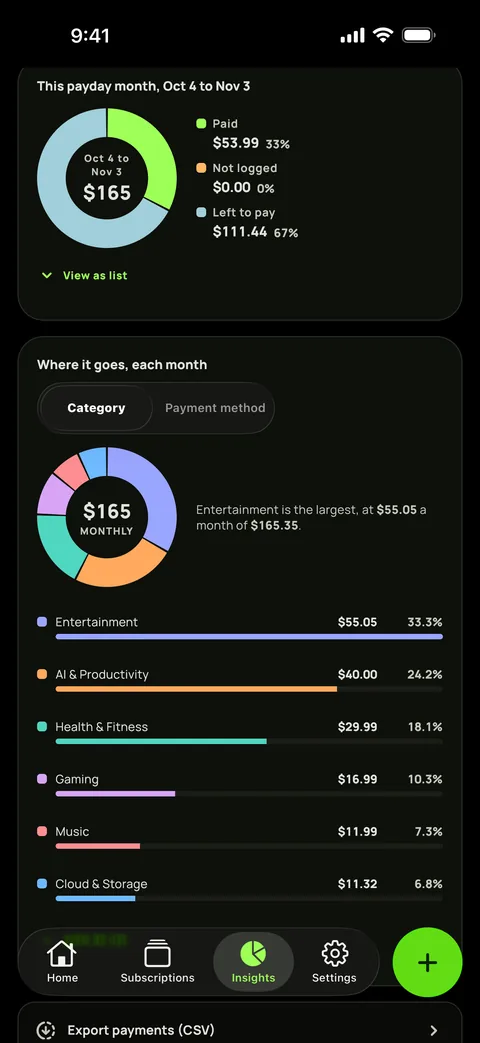 Spending by category in dark mode, and the CSV export, on iPhone