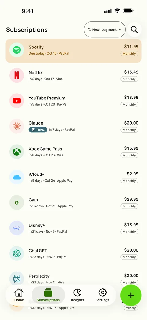Subscriptions sorted by next payment, with price, cycle and card, on iPhone