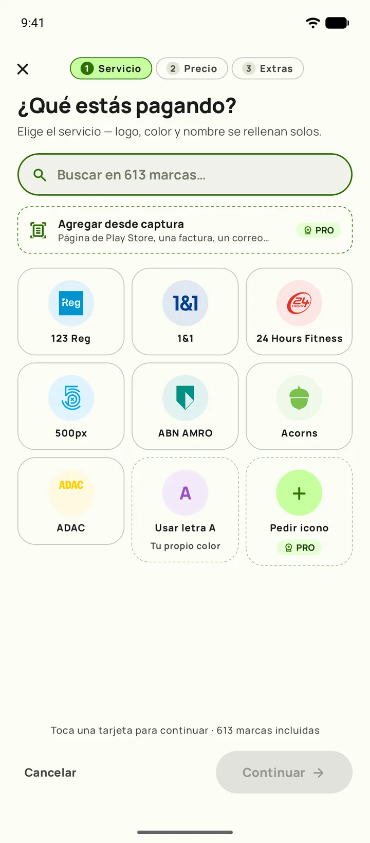 Agregar una suscripción en Subby — paso uno, elegir el servicio