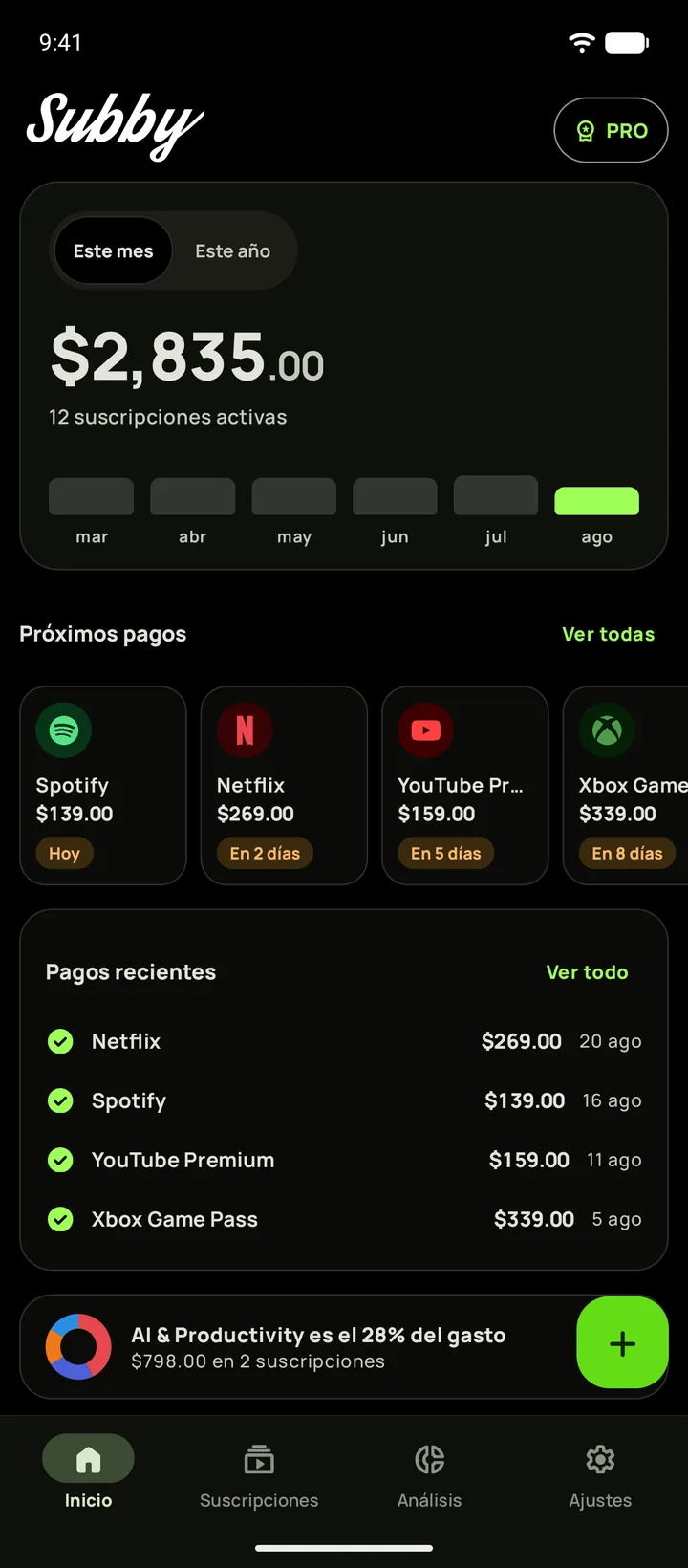 Pantalla de inicio de Subby en modo oscuro negro puro