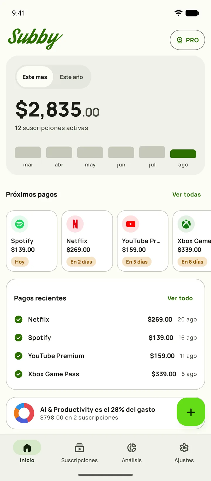 Inicio de Subby en Android, con el total de este mes de $165.35, $5.44 al día, lo pagado y lo que falta por pagar, una tarjeta de prueba y los próximos pagos