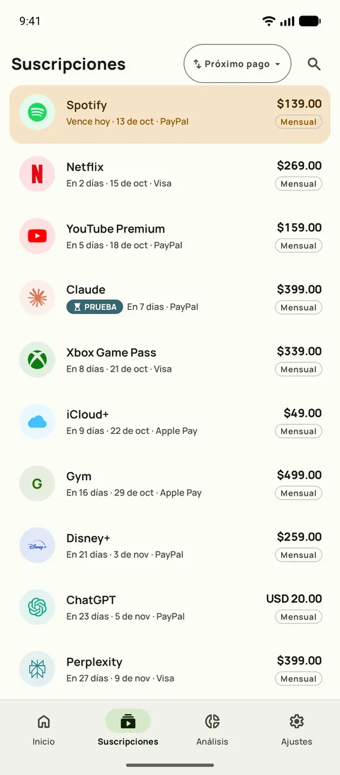 La pestaña Suscripciones de Subby en Android, ordenada por próximo pago: Spotify vence hoy, luego Netflix, YouTube Premium y una prueba gratuita, cada una con su precio y ciclo