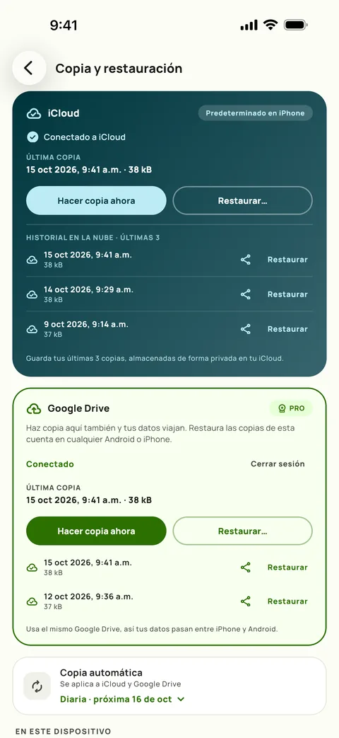 Copia y restauración de Subby en iPhone, con iCloud y Google Drive conectados, las últimas tres copias de iCloud en lista y copia automática diaria