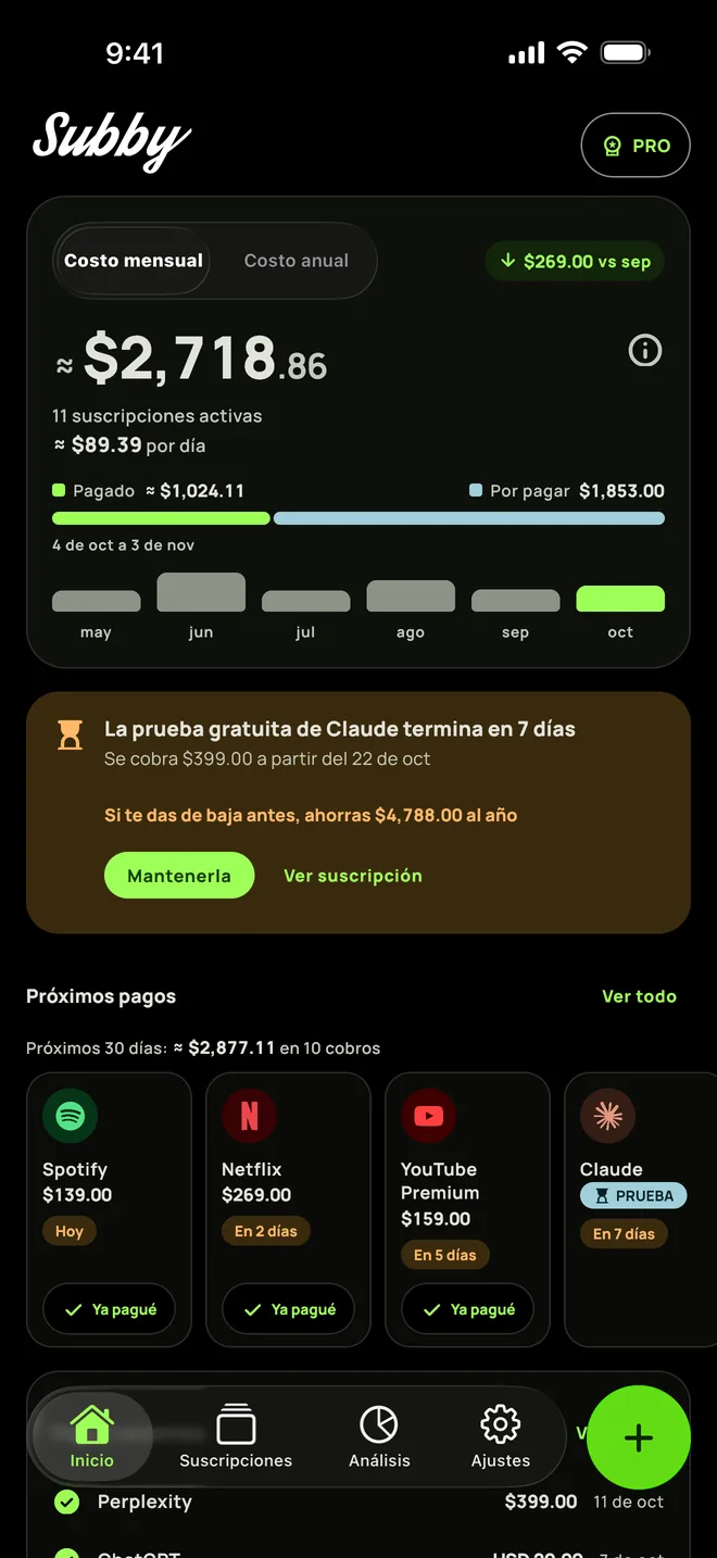 Inicio de Subby en iPhone en modo oscuro, con el total de este mes de $165.35, $5.44 al día, lo pagado y lo que falta por pagar, una tarjeta de prueba y los próximos pagos