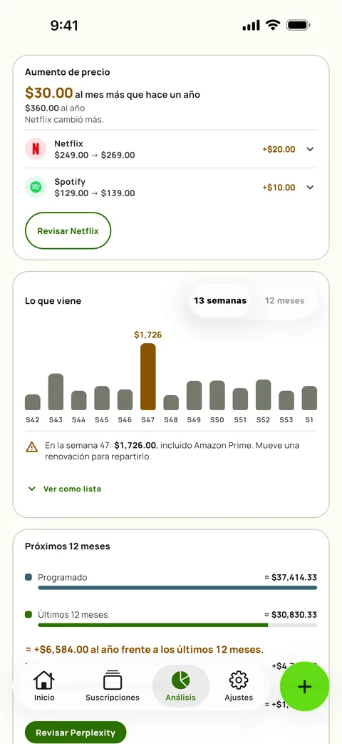 La tarjeta Aumento de precio en Análisis de Subby, con cuánto más al mes cuestan los mismos servicios que hace un año, Spotify y Netflix cada uno con su precio anterior y el nuevo, y un botón Revisar arriba del pronóstico de 13 semanas, en iPhone