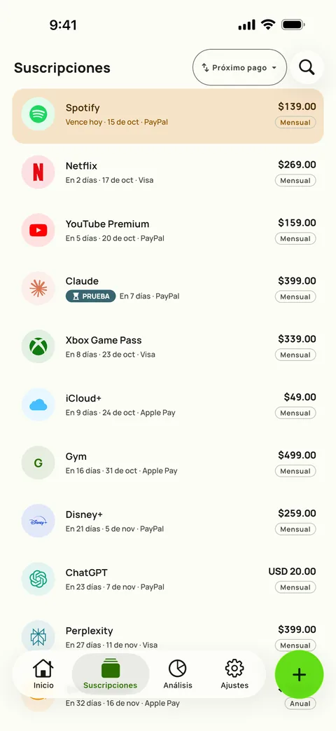La pestaña Suscripciones de Subby, ordenada por próximo pago, cada suscripción con su precio, tarjeta y ciclo de cobro, en iPhone