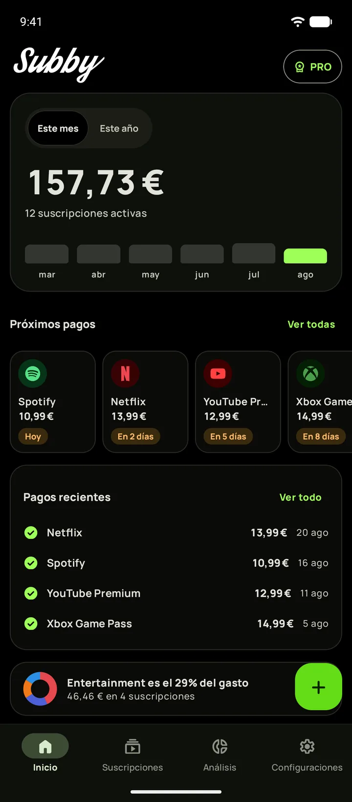 Inicio de Subby en Android con el tema negro puro, con el total de este mes en 165,35 €, una tarjeta de prueba y los próximos pagos