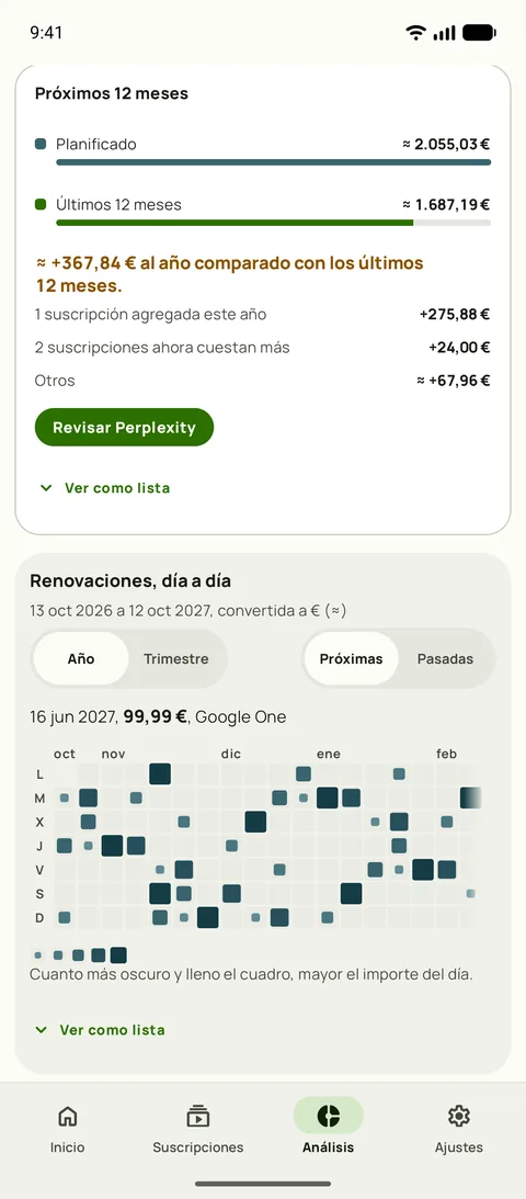 Próximos 12 meses en Análisis de Subby: el año previsto frente a los últimos 12 meses, con las suscripciones añadidas y las subidas de precio que explican la diferencia, encima del calendario de renovaciones, en Android