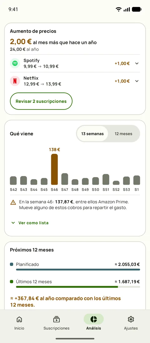 La tarjeta de Aumento de precios en Análisis de Subby, con lo que cuestan de más al mes los mismos servicios que hace un año, Spotify y Netflix con su precio anterior y el nuevo, y un botón Revisar encima de la previsión de 13 semanas, en Android