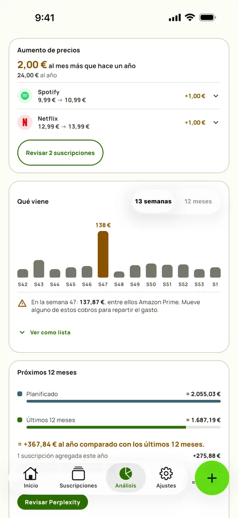 La tarjeta de Aumento de precios en Análisis de Subby, con lo que cuestan de más al mes los mismos servicios que hace un año, Spotify y Netflix con su precio anterior y el nuevo, y un botón Revisar encima de la previsión de 13 semanas, en iPhone