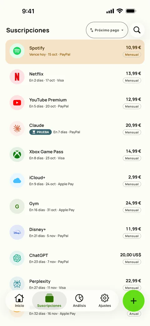 La pestaña de suscripciones de Subby, ordenada por próximo pago, cada suscripción con su precio, tarjeta y ciclo de facturación, en iPhone