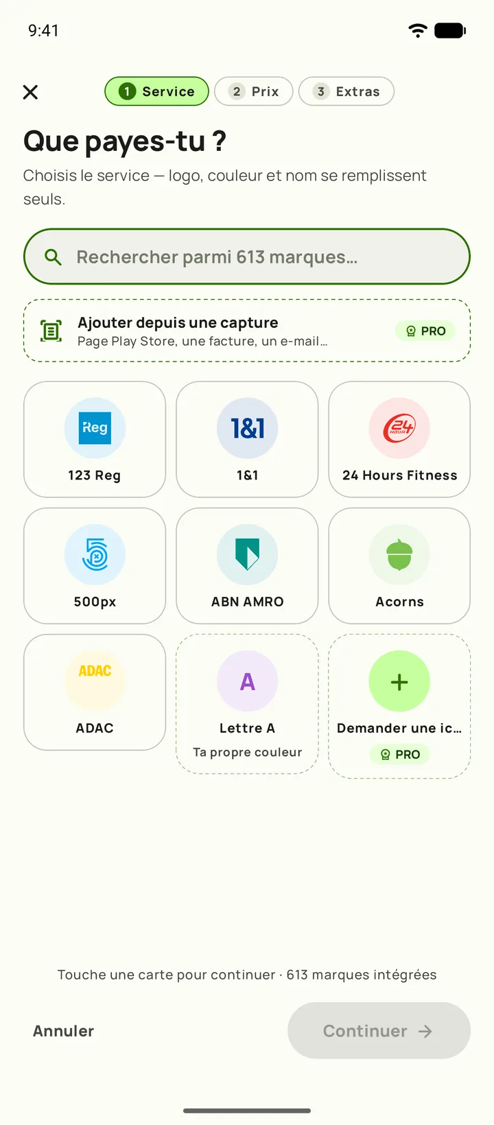 Ajout d'un abonnement dans Subby. Étape un, choisir le service