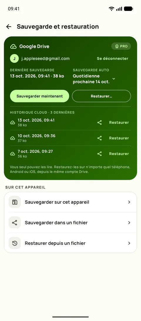 Sauvegarde et restauration dans Subby sur Android, avec Google Drive connecté, la sauvegarde automatique réglée sur quotidienne et les trois dernières sauvegardes conservées