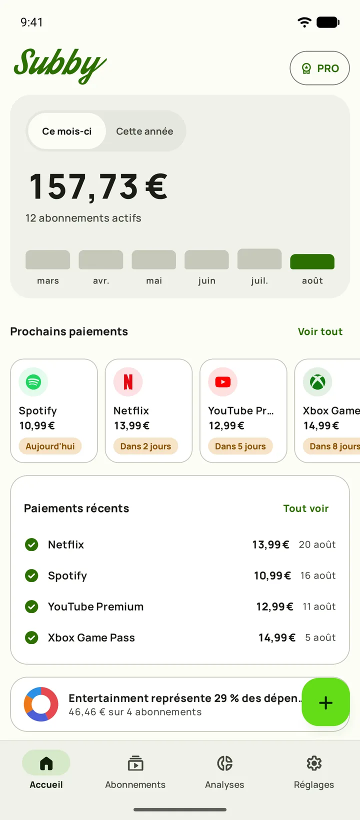 L'écran d'accueil de Subby sur Android, avec le coût du mois ({monthly}), soit {daily} par jour, le payé et le reste à payer, une carte d'essai et les prochains paiements