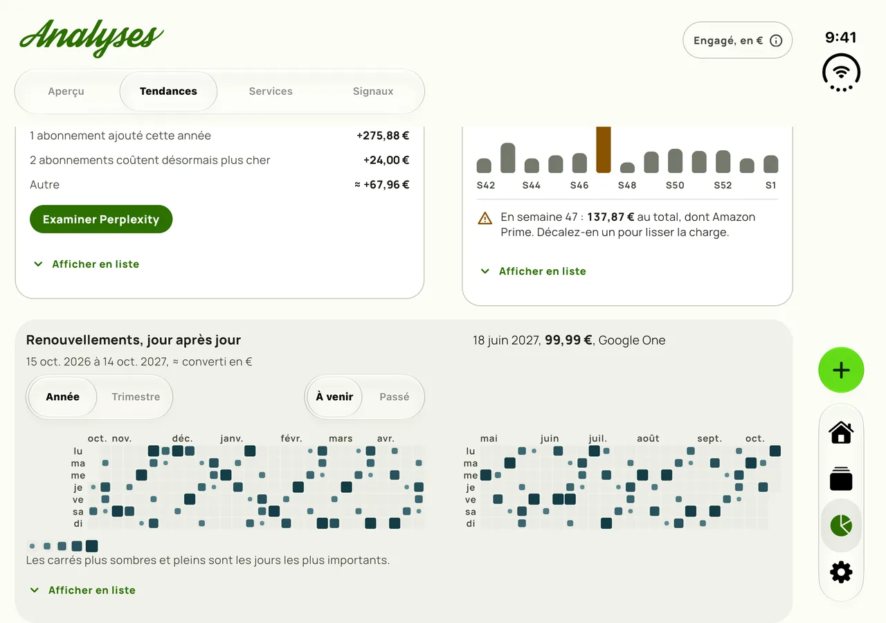 Les Analyses de Subby sur un iPhone Duo déplié, avec le calendrier des renouvellements sur les deux panneaux et la charnière entre avril et mai