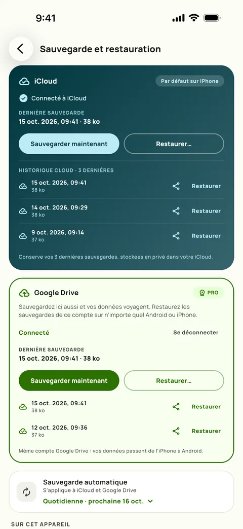 Sauvegarde et restauration dans Subby sur iPhone, avec iCloud et Google Drive connectés, les trois dernières sauvegardes iCloud listées et la sauvegarde automatique réglée sur quotidienne