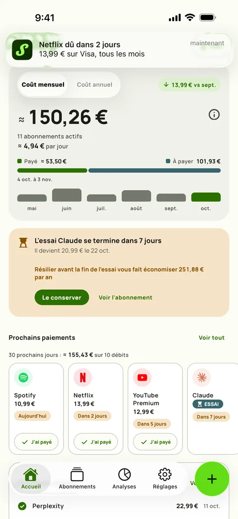 Un rappel Subby sur iPhone : Netflix se renouvelle dans 2 jours, {monthly} sur Visa, chaque mois