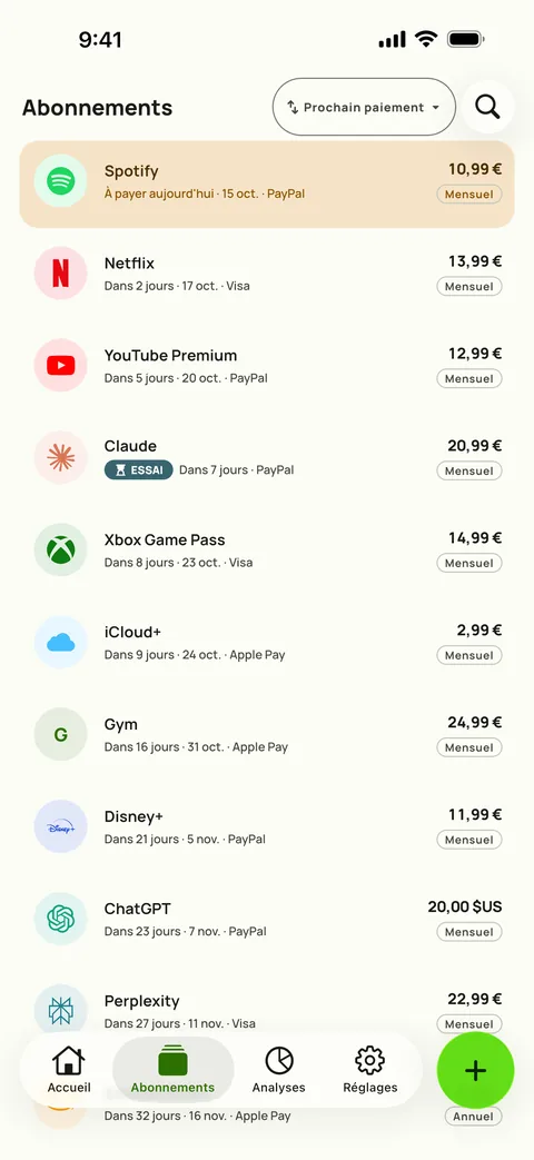 L'onglet Abonnements de Subby, classé par prochain paiement, avec pour chaque abonnement son prix, sa carte et son cycle de facturation, sur iPhone