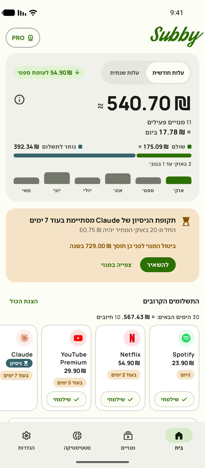 Subby בית ב-Android, עם סך החודש שלך של $165.35, $5.44 ביום, שולם מול נותר לתשלום, כרטיס ניסיון והתשלומים הקרובים